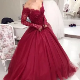 Wine lace and tulle scalloped off the shoulder long sleeve prom ball gown