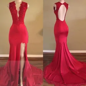 Red scalloped lace plunging V neckline mermaid thigh high slit long prom dress