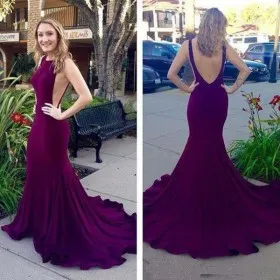 Plum sleeveless bateau neck open back mermaid long prom dress