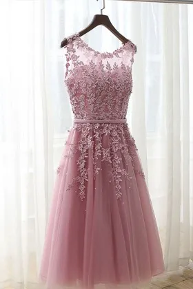 Pastel pink lace and tulle floral illusion short A line cute homecoming dress