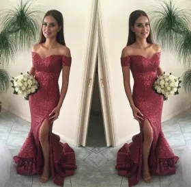 Sparkling wine sequin cascading ruffled side split off the shoulder prom dress