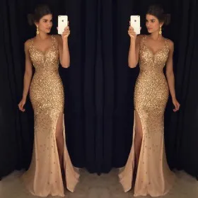 Luxury gold crystals illusion curved V neck mermaid split evening prom formal dress