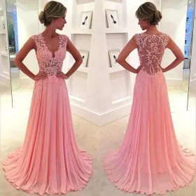 Floral illusion pink lace and chiffon modest floor length A line prom dress