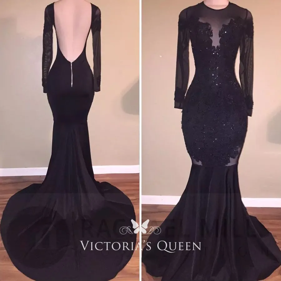 Open back long sleeve black lace tulle satin mermaid court train prom dress Open back long sleeve black lace tulle satin mermaid court train prom dress
