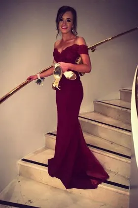 scalloped off the shoulder lace mermaid burgundy floor length evening prom dress