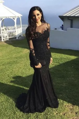 Black lace appliqued illusion long sleeve chic mermaid prom dress