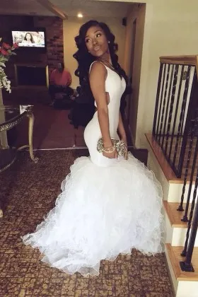 Ruffled organza trumpet V neck cutout African American long prom gown