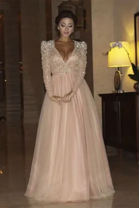 Sparkling crystals beaded blushing pink deep V neck long sleeve prom dress
