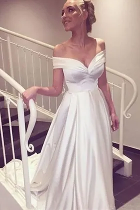Ivory satin simple off the shoulder A line long evening dress