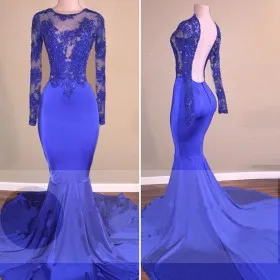 Royal blue lace and satin illusion long sleeve open back mermaid prom gown