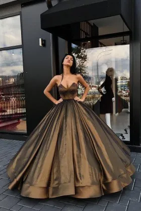Luxury coffee satin strapless beaded V neck ball gown prom dress