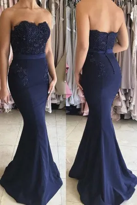 Navy beaded lace appliqued strapless mermaid floor length evening prom dress