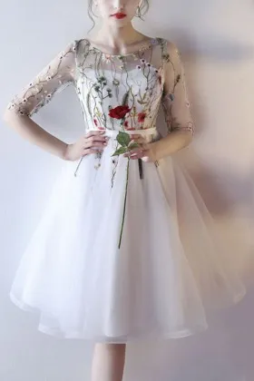 Floral appliqued sheer half sleeve white tulle knee length homecoming dress
