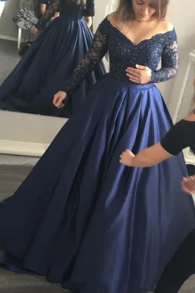 Navy lace and satin off the shoulder V neck long sleeve evening prom ball gown