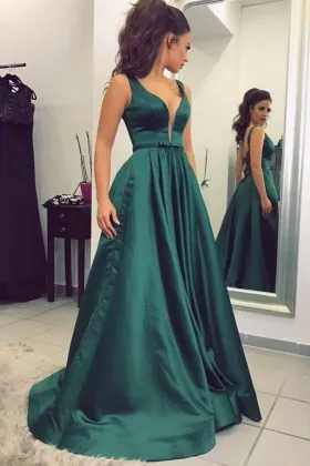 Plunging V neck sleeveless dark green stain low back A line long prom dress