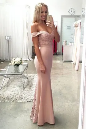 blushing pink lace and satin off the shoulder slim fit mermaid long formal dress