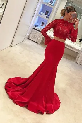 Red lace and satin crew neck long sleeve two piece trumpet sweep train prom dress