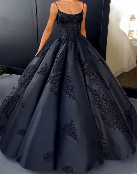 black satin with lace appliqued spaghetti straps ball gown