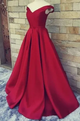 Chic red satin off the shoulder puffy A line designer prom dress