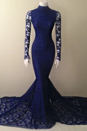 Navy blue lace long sleeve mermaid long evening prom dress with long train