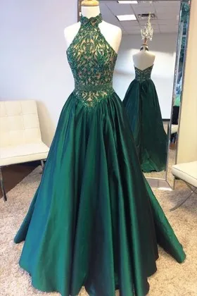 Sequinned lace and satin halter neckline basque waist green long prom dress