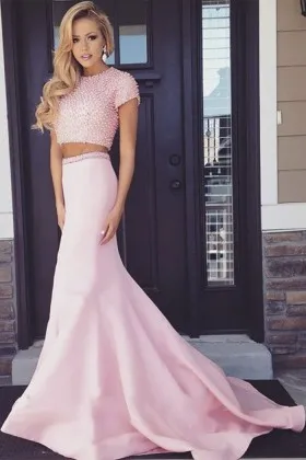 Pearls embellished soft pink two piece satin designer mermaid prom dress