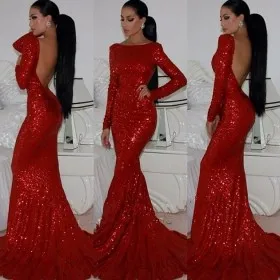Sexy sparkly backless red sequin mermaid long sleeve prom dress