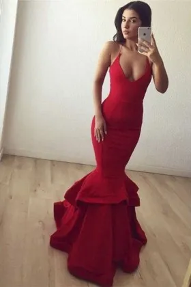 Designer red spandex mermaid long prom dress with spaghetti straps