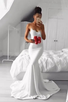 lace appliqued white spandex modern mermaid long prom dress with spaghetti straps