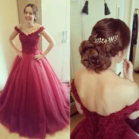 Wine lace and tulle floral V neck straps ballgown princess prom dress