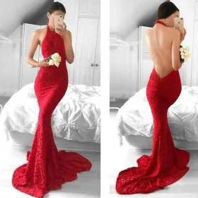 sexy backless red lace halter mermaid prom dress
