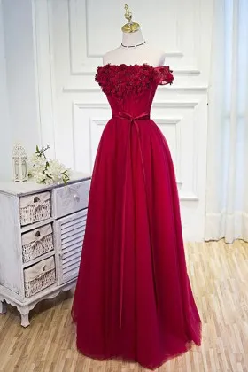 Floral appliqued off the shoulder ruby tulle A line long cute prom dress