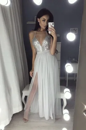 Sexy silver gray sequin chiffon and tulle deep V high split prom dress