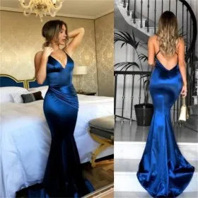 Shimmering cobalt blue side draped satin backless mermaid long prom dress