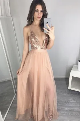 Sexy high slit plunging neckline nuderose gold sequin and tulle backless prom dress
