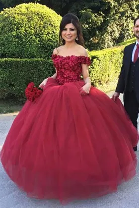 3D floral off the shoulder tulle princess ball gown Quinceanera prom dress