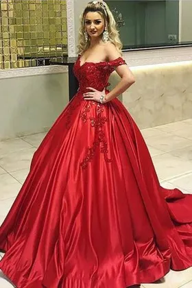 Gorgeous red satin with lace appliqued off the shoulder formal ball gown