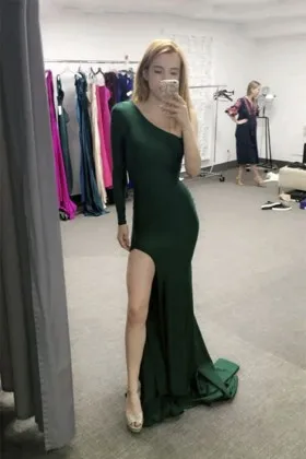 Unique asymmetrical one sleeve emerald satin split long prom dress