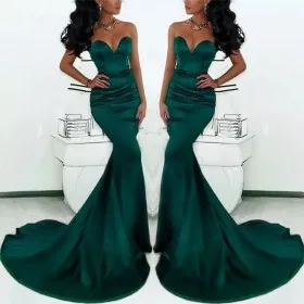 Hunter green satin body hugging mermaid long prom dress