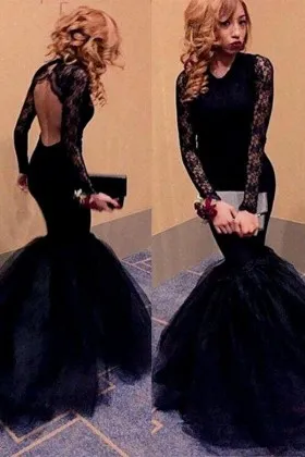 Fashion black lace and tulle illusion long sleeve trumpet long prom dress