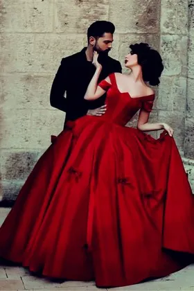 Romantic dark red satin off the shoulder engagement ball gown with bow details
