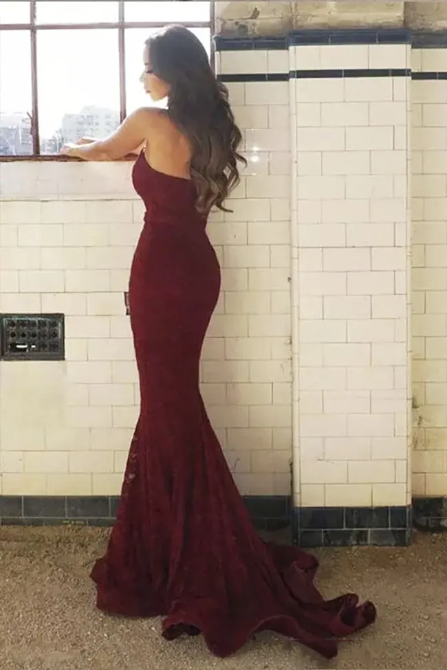 Elegant Dark Red Lace Mermaid Flounced Bridesmaid Dress - VQ