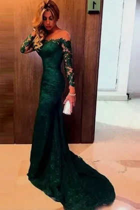 Emerald lace off the shoulder long sleeve mermaid long train prom dress