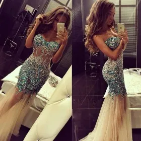 Bedazzled silver and blue diamond sheer champagne tulle mermaid long prom gown