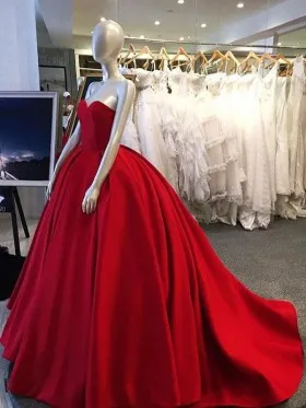 timeless red satin strapless sweetheart ball gown prom dress