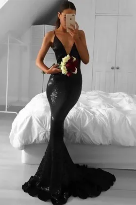black sequin plunging V neckline flattering mermaid prom gown with short train
