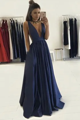 Navy blue satin plunging V neckline A line long simple prom dress with pockets