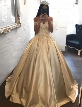 New fashion appliqued off the shoulder champagne satin floor length ball gown
