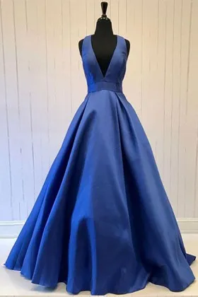 Simple navy blue satin sleeveless plunging V neck long ball gown prom dress
