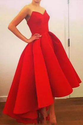 Strapless V neckline red satin cute high low prom homecoming dress
